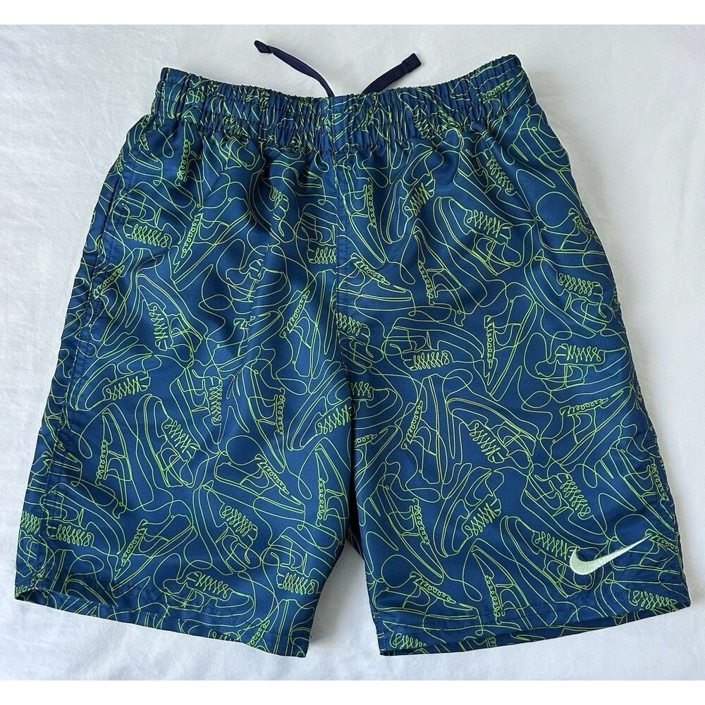 New Without Tags Nike Boys Swim Trunks Size M Blue/Neon Green Graphic Lined